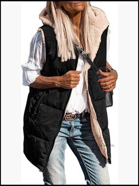 Reversible Long Fleece Vest Sleeveless Hooded Zip Up Jacket with Pockets